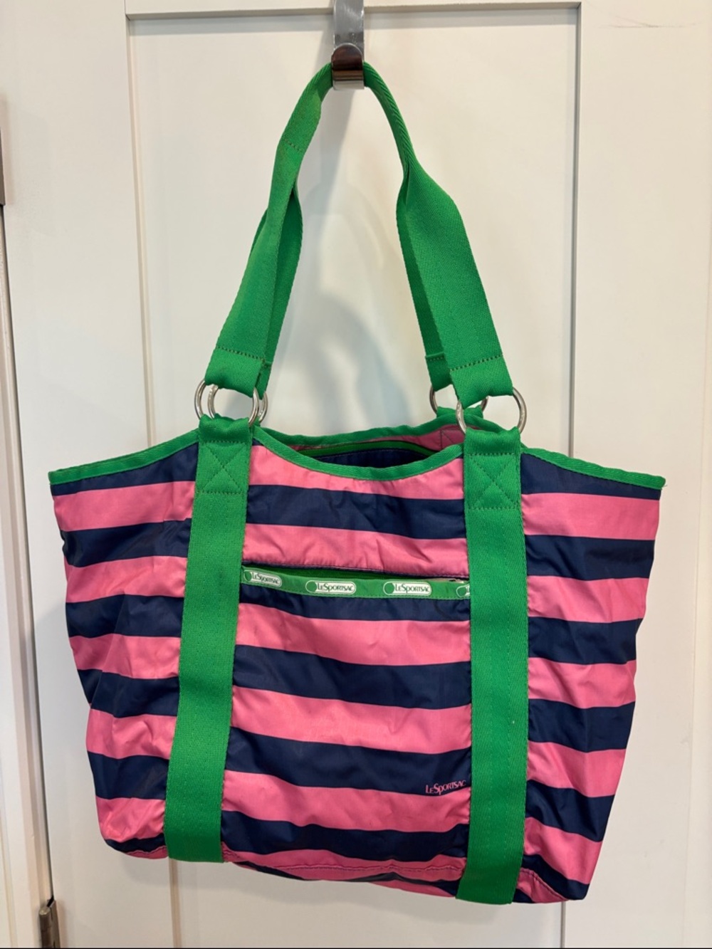 LeSportsac tote pink and blue stripes with green trim